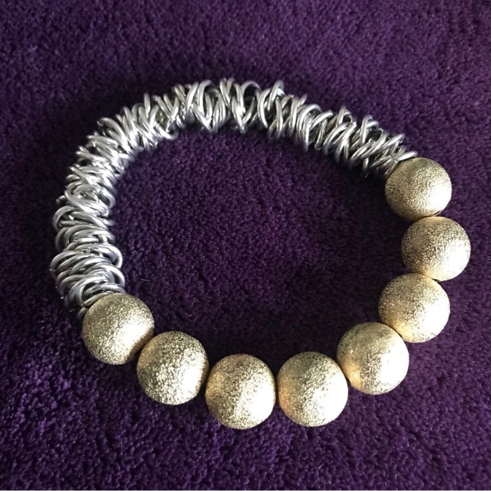 Gold Bead Stretch Bracelet with Silver Coil Accents